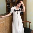 Puff-sleeve V-neck Button-up Midi A-line Dress