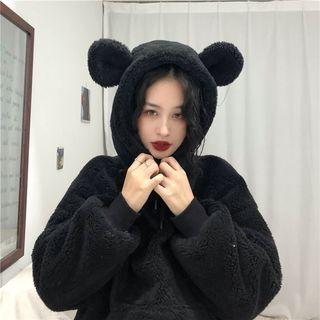 Ear Accent Hooded Fleece Top Black - One Size