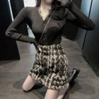 Lace Trim Long-sleeve Knit Top / Plaid Mini A-line Skirt