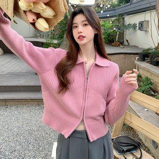 Collar Zip-up Cropped Cardigan