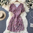 V-neck Floral Puff-sleeve Drawstring Dress