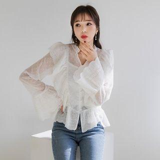 Ruffle-trim Eyelet-lace Blouse Ivory - One Size