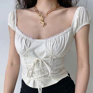 Short-sleeve U-neck Lace-up Plain Top