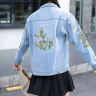 Flower Embroidered Loose-fit Denim Jacket