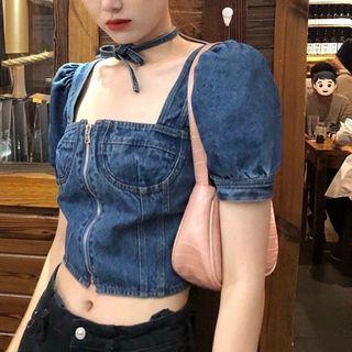 Short-sleeve Zip Denim Blouse