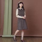 Long-sleeve Plaid A-line Dress 08 - Coffee - One Size