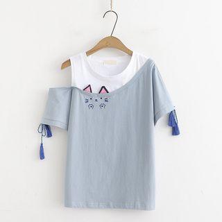 Cold-shoulder Tassel Cat Embroidered T-shirt