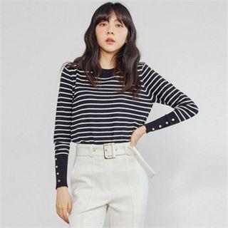 Button-cuff Stripe Knit Top