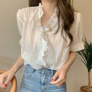 Plaid Ruffle Short-sleeve Blouse