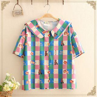 Animal Printed Color-block Check Shirt As Shown In Figure - One Size