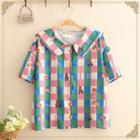 Animal Printed Color-block Check Shirt As Shown In Figure - One Size