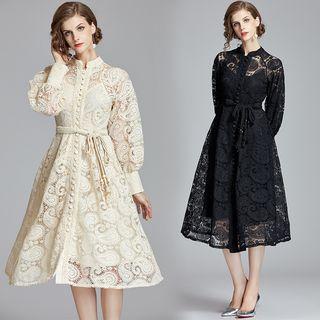 Belted Balloon-sleeve Midi A-line Lace Dress