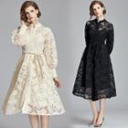 Belted Balloon-sleeve Midi A-line Lace Dress