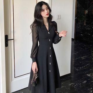 Notch Lapel Long-sleeve Midi A-line Dress