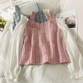 Patchwork Ruffle-trim Tweed Top