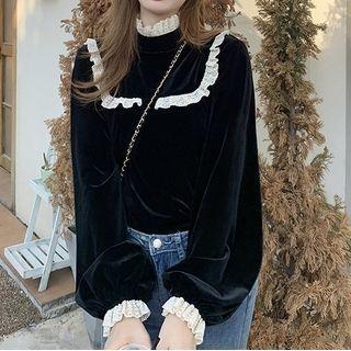 Long-sleeve Turtle-neck Lace-trim Velvet Blouse Black - One Size