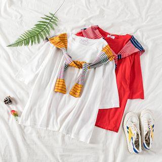 Elbow Sleeve Loose T-shirt / Print Scarf