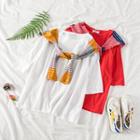 Elbow Sleeve Loose T-shirt / Print Scarf