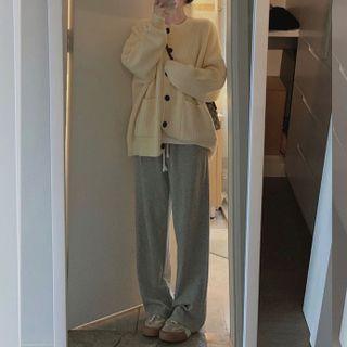 Round Neck Button-up Knit Cardigan / Drawstring Wide-leg Pants