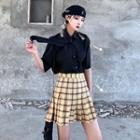 Tie-neck Elbow-sleeve Shirt / Plaid Pleated Mini A-line Skirt