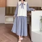 Long-sleeve Floral Midi A-line Dress / Sweater Vest