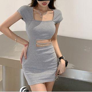 Square-neck Short-sleeve Cutout Bodycon Dress