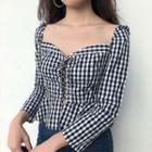 Lace-up Plaid Long-sleeve Top