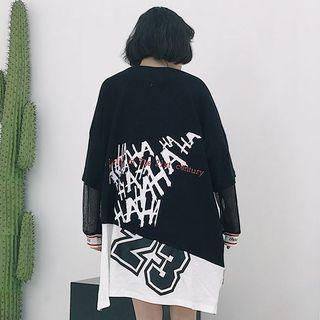 Mock Two Piece Mesh Panel Lettering Back Long Sleeve Dress