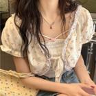 Short-sleeve Cherry Print Crop Top / Lace Trim Ruffle Camisole Top