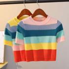 Striped Short-sleeve Copped Knit Top