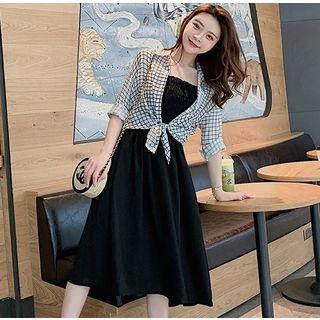 Set: Spaghetti Strap Midi Dress + Long-sleeve Plaid Blouse Black - One Size