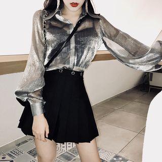 Puff-sleeve Sheer Shirt Silver Gray - One Size