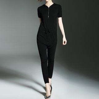 Short-sleeve V-neck Knit Jumpsuit