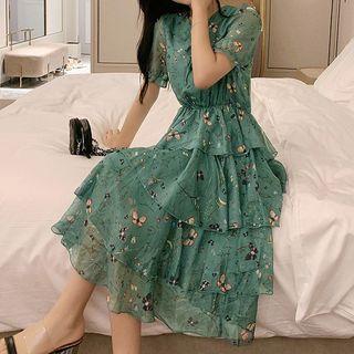 Short-sleeve Floral A-line Layered Dress