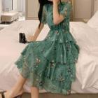 Short-sleeve Floral A-line Layered Dress
