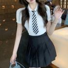 T-shirt With Necktie / Pleated Mini A-line Skirt / Set