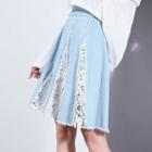 Crochet-panel Denim A-line Skirt
