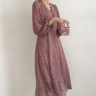 Floral Print V-neck Long-sleeve A-line Midi Dress Red - One Size