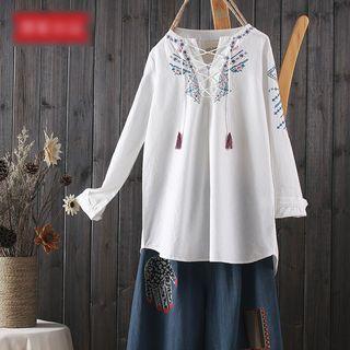 Embroidered Lace Up Long-sleeve Top