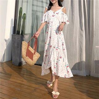 Cherry Print Cold-shoulder Elbow-sleeve Midi Sundress White - One Size