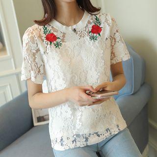 Set: Rose Embroidered Short-sleeve Lace Top + Camisole Top