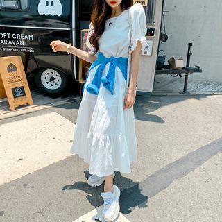 Balloon-sleeve Crochet-trim Maxi Tiered Dress