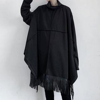 Mock-turtleneck Fringed Trim Long-sleeve Top