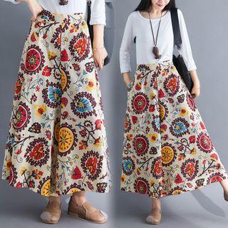High-waist Print Wide-leg Pants Red & White & Blue & Yellow - One Size