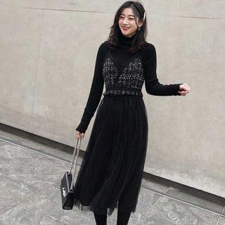 Set: Long-sleeve Mock Neck Dress + Spaghetti Strap Midi Dress