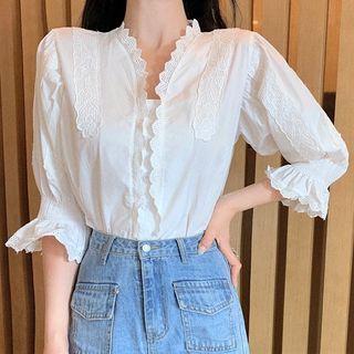 Eyelet Trim Bell-sleeve Blouse White - One Size