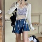 Floral Lace Cropped Camisole Top / Plain Lace-up Cropped Knit Cardigan