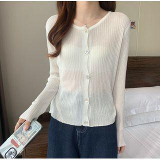 Round-neck Plain Striped Button-up Cropped Cardigan