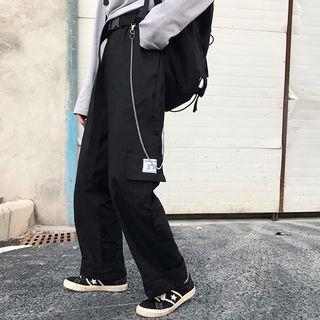 Set: Applique Wide-leg Cargo Pants + Waist Chain
