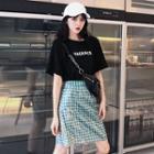 Short-sleeve Lettering T-shirt / Mini Plaid A-line Skirt
